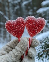 Red heart-shaped lollipops covered in frost crystals held by gloved hands against snowy winter forest background, romantic Valentine's Day concept.