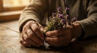 Elderly hands gently holding fresh lavender flowers on wooden table near window. Natural light creates warm atmosphere for aromatherapy and herbal medicine concepts.