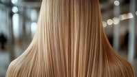 Smooth, straight blonde hair from behind showing healthy, shiny texture with salon-quality finish in soft focus with bokeh background.