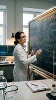Female scientist in white lab coat teaching mathematics and physics formulas on blackboard in modern laboratory classroom setting.