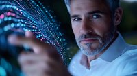 Mature businessman examining glowing digital network visualization in dark office. Innovative technology concept showing future connectivity.