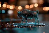 Glowing blue holographic bull wireframe figure on reflective surface with bokeh lights background creates futuristic technological atmosphere.