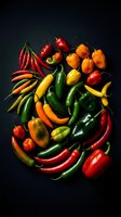 Colorful assortment of fresh hot chili peppers and bell peppers arranged on dark background for culinary cooking and spicy food preparation.