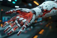 Futuristic robotic hand with white exterior and glowing red internal components reaching forward against blurred technological background.