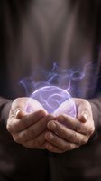 Hands holding glowing purple orb with mystical energy waves, representing magic, spirituality, fortune telling, and supernatural power for occult and esoteric concepts.