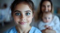 Young girl with bright blue eyes and gentle smile in soft focus portrait, mother and sibling blurred in background. Natural lighting creates warm family atmosphere.