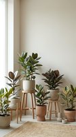 Indoor plant collection with rubber trees and ficus in ceramic pots on wooden stools creating modern minimalist home decor corner by window.