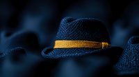 Navy blue fedora hat with golden band in dramatic lighting against dark background, fashion accessory photography for luxury retail and style blogs.