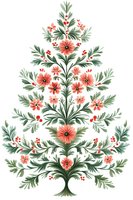 Symmetrical floral tree arrangement with coral pink flowers and green leaves on white background, folk art style botanical illustration for fabric and decor.