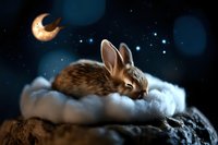 Sleeping brown bunny on fluffy cloud under glowing crescent moon and stars in dark night sky, magical fantasy atmosphere for children's book illustrations.