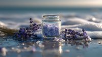 Lavender bath salt in glass jar with fresh purple flowers on wooden surface near ocean waves for spa relaxation and aromatherapy wellness treatments.