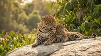 Jaguar mother with cub resting on fallen tree trunk in tropical rainforest during golden hour sunlight filtering through dense green foliage canopy.