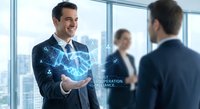 Professional businessman presenting holographic AR technology interface in modern office meeting with colleagues discussing digital innovation solutions.