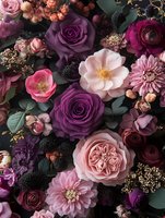 Overhead view of lush floral arrangement featuring purple roses, pink peonies, dahlias, and ranunculus with dark foliage and berries. Perfect for wedding, event design, and botanical backgrounds.