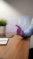 Businessman in light blue shirt touching holographic display showing customer journey metrics with awareness, interaction, service delivery and loyalty graphs on wooden desk.