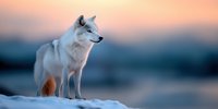 Majestic white wolf standing alert on snowy ground against pink and blue sunset sky, side view portrait showcasing wilderness and natural beauty in winter landscape.
