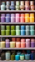 Colorful candles arranged on retail shelves, displaying vibrant pillar and decorative styles in rainbow spectrum for home decor and aromatherapy.