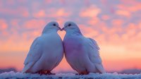 Two white doves perched close together on snowy ground against dramatic pink and orange sunset sky, creating romantic winter scene for Valentine's Day cards and love concepts.