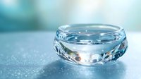 Crystal clear glass bowl on sparkling surface with soft blue background light creating elegant reflective atmosphere for luxury product photography.