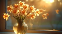 Fresh spring daffodils in glass vase on windowsill with warm sunlight streaming through, creating soft shadows and romantic golden hour atmosphere.