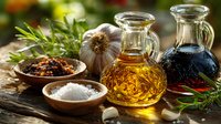 Mediterranean cooking ingredients with olive oil, balsamic vinegar, herbs, spices and garlic on rustic wooden table for culinary preparation and gourmet recipes.