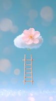 Dreamy composition with wooden ladder reaching toward floating cloud adorned with pink cherry blossom against soft blue sky background with bokeh effects.