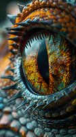 Detailed macro shot of dragon eye with intricate scales, spikes and golden-orange iris. Mystical fantasy creature close-up showing textured skin and vertical pupil against dark background.