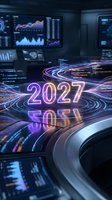 Futuristic digital workspace with neon glowing 2027 text, holographic data visualizations, and streaming analytics displays for technology and innovation concepts.