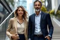 Confident business executives walking outdoors, mature male with gray beard and blonde female colleague in professional attire against urban background.