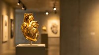 Golden anatomical heart sculpture displayed on pedestal in modern museum gallery with warm lighting and blurred artwork background.