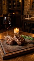 Grilled beef steaks on wooden board with red wine glass and candle in cozy restaurant setting for fine dining and culinary presentations.