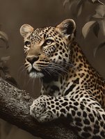 Majestic leopard resting on tree branch in natural habitat with spotted coat pattern and intense gaze among foliage for wildlife photography projects.
