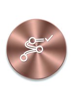 Rose gold metallic button with white scissors icon on brushed copper surface for web design and user interface applications.
