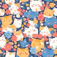 Seamless pattern with cute cartoon cat faces and colorful flowers in pink, blue and yellow on navy background. Repeatable tile for fabric and wallpaper designs.