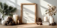 Wooden frame mockup with winter decor, pine branches, candles, pine cones, and dried flowers on wooden surface with shadow play.