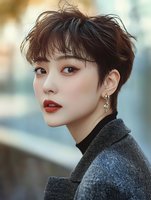 Young Asian woman with short pixie haircut, red lipstick and elegant earrings wearing gray coat against blurred background, perfect for beauty and fashion advertising.