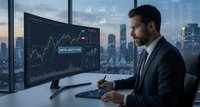 Professional businessman analyzing financial data on computer monitor in modern office overlooking city skyline at dusk for trading decisions.