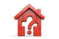 Red house silhouette with question mark cutout on white background, textured grainy surface effect. Concept for real estate questions, property decisions.