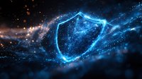 Glowing blue shield symbol with particles and light effects on dark background, representing digital security and cyber protection concept for technology design.
