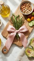 Fresh herb bouquet tied with pink satin ribbon on wooden cutting board, surrounded by olive oil, nuts, tomatoes, and artichoke on marble surface.