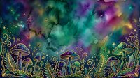 Glowing mushrooms and ferns silhouetted against a cosmic watercolor sky with vibrant purple, teal, and gold nebula clouds, creating a mystical forest scene for fantasy and nature designs.