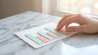 Young woman's hand pointing at colorful sticky notes on marble desk near window, representing task planning, organization, and productivity for business and office work.