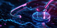 Stethoscope on digital surface with glowing blue data visualization and pink neon lighting, representing modern healthcare technology and medical diagnostics.