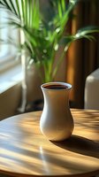 White ceramic vase with palm plant shadow on wooden table in morning sunlight. Natural window lighting creates dramatic shadows and warm atmosphere.