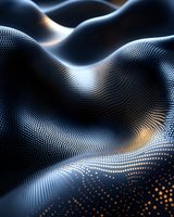 Abstract digital wave pattern with glowing dots forming dynamic curved surface in dark blue and gold tones, creating futuristic technological landscape effect.