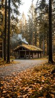 Rustic wooden cabin with moss-covered roof nestled among tall conifer trees in autumn forest. Smoke rises from chimney. Golden fallen leaves cover ground. Ideal for travel, nature, and lifestyle editorial use.