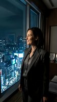 Professional woman with dark hair and olive complexion wearing charcoal blazer gazes at illuminated cityscape from high-rise office window at night, suitable for corporate and business concepts.