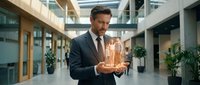 Professional businessman in suit holding glowing digital brain hologram in modern office lobby representing artificial intelligence and innovation concepts.