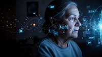 Senior woman with digital network connections and futuristic technology interface overlay representing artificial intelligence and data visualization.