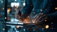 Magical sparks illuminate hands writing on digital tablet at night, creating mystical atmosphere with glowing bokeh lights and creative energy effect.